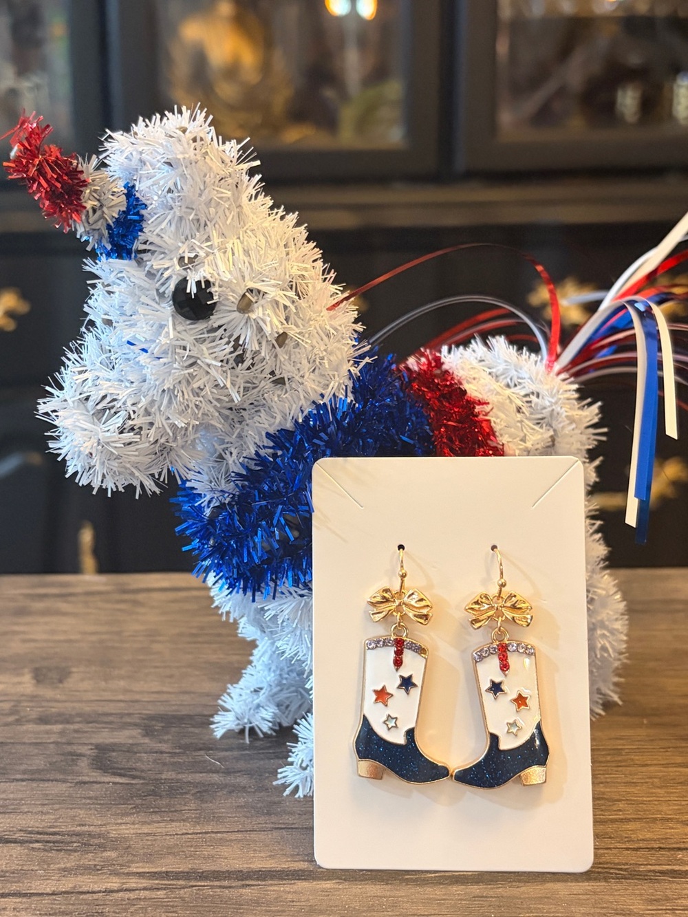 Patriotic Cowboy Boot Dangle Earrings - Gold Accent